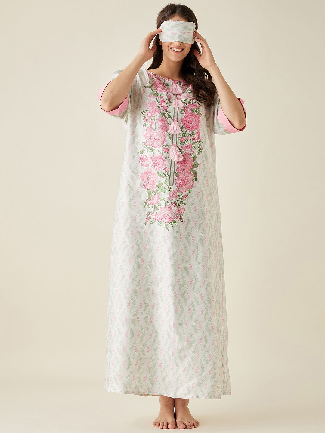 White Floral Printed Satin Night Dress With Eyemask  - The Kaftan Company