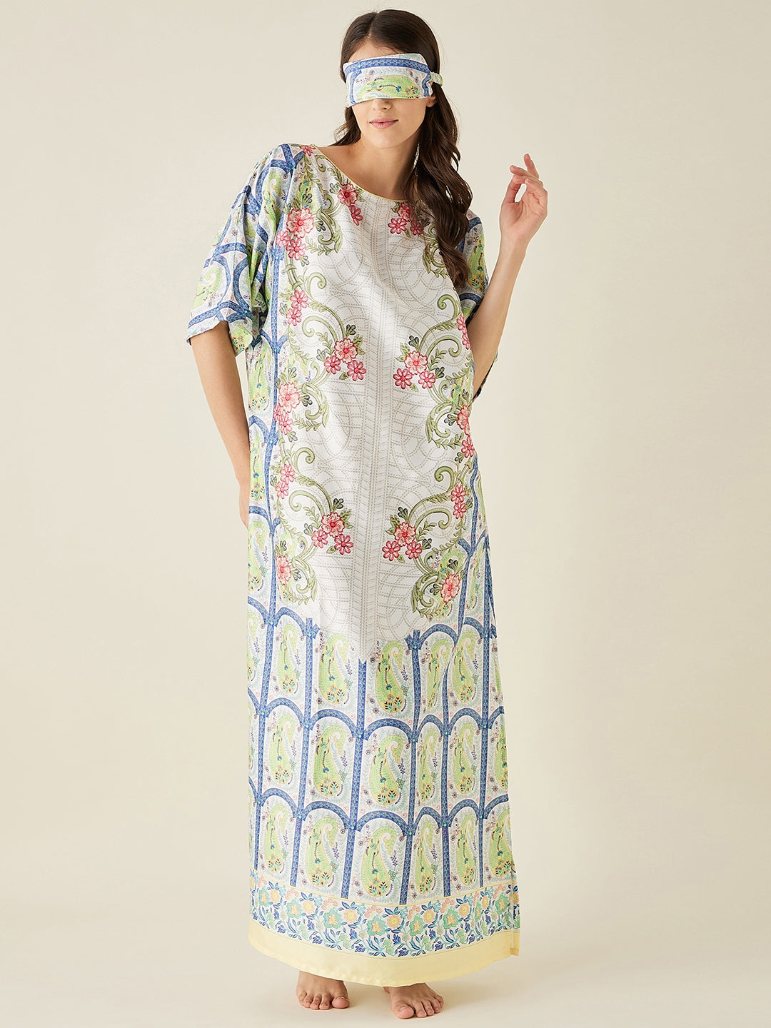 White Mosaic Floral Printed Satin Nightdress  - The Kaftan Company