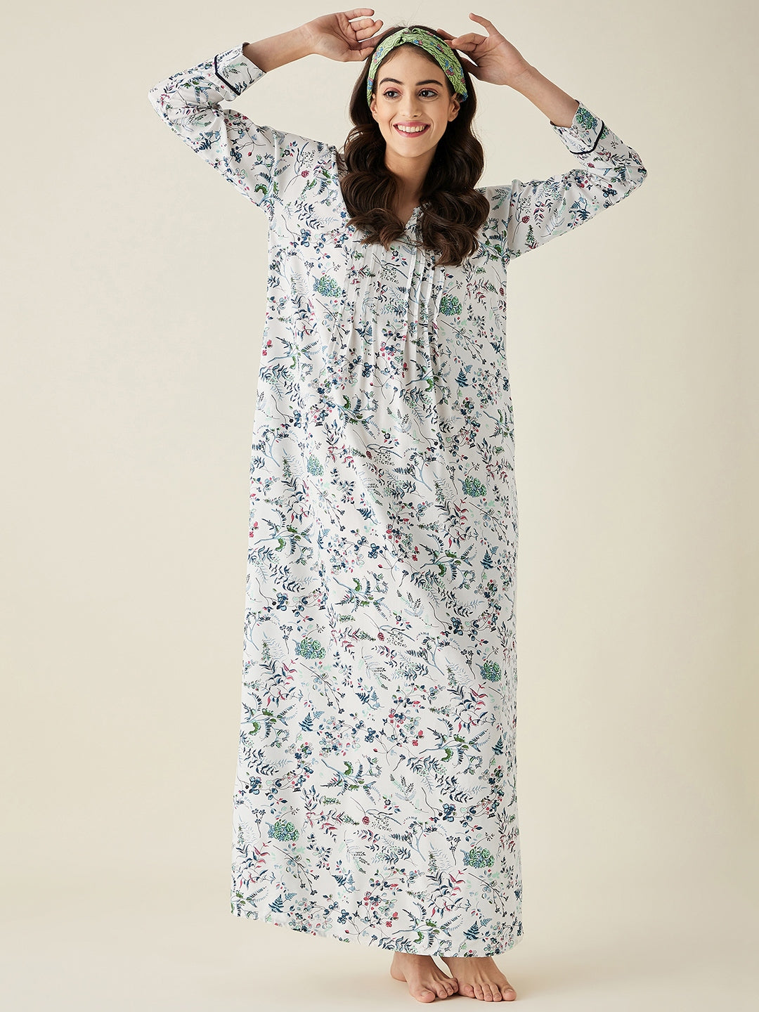 White Abstract Floral Print Viscose Nightdress - The Kaftan Company