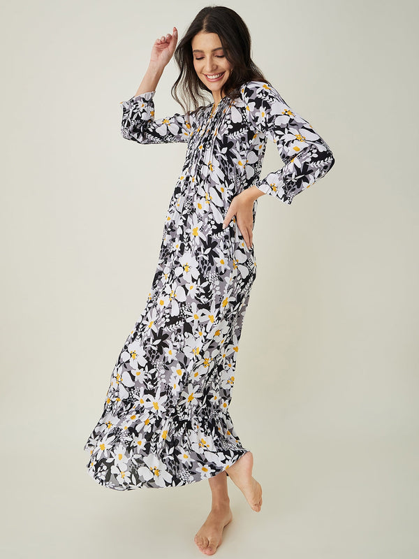 Women's Black and White Floral Printed Nightdress - The Kaftan Company