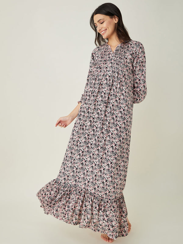 Women's Pink Floral Printed Maxi Nightdress - The Kaftan Company