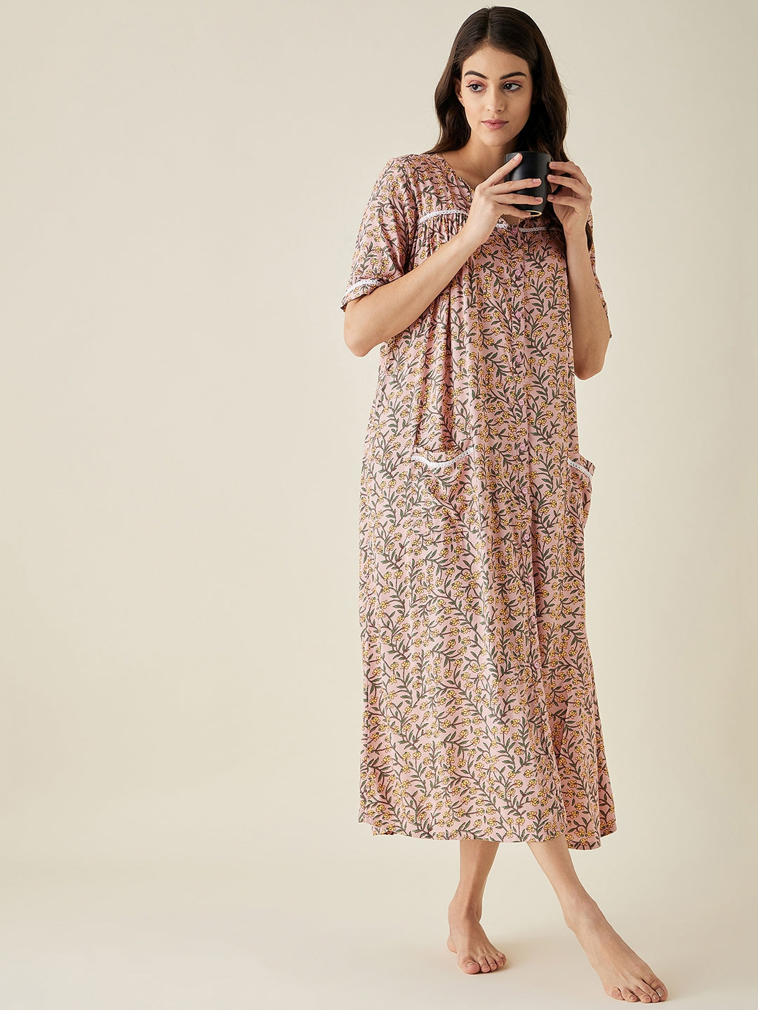 Pink Floral Button Down Night Dress - The Kaftan Company