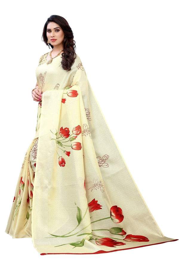 Women's Printed Jute Silk Elisa Cream Saree - Vamika