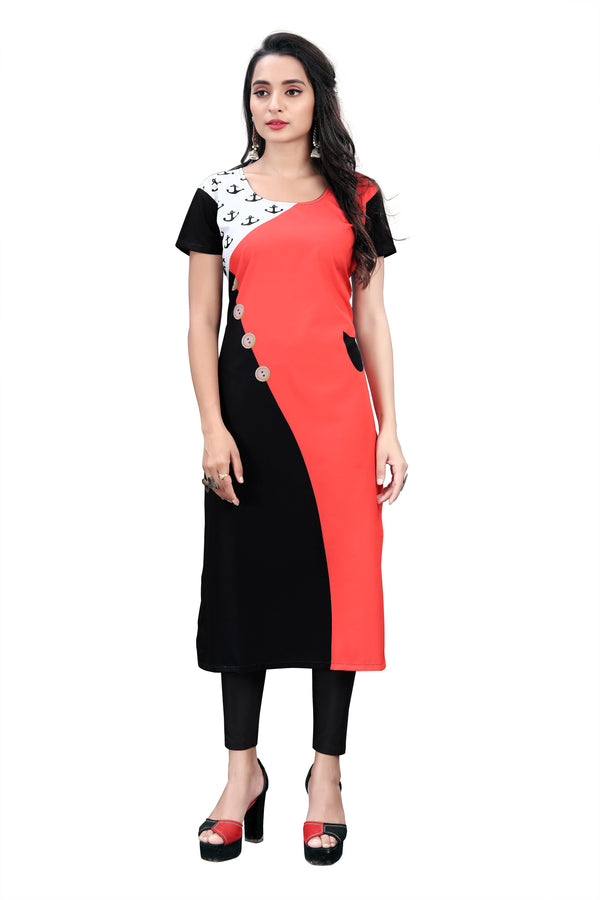 Women's Red, Black Crepe 3/4Th Sleeve Kurti  - Navyaa