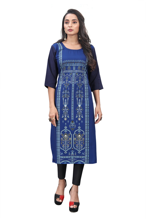 Women's Blue Crepe 3/4Th Sleeve Kurti  - Navyaa