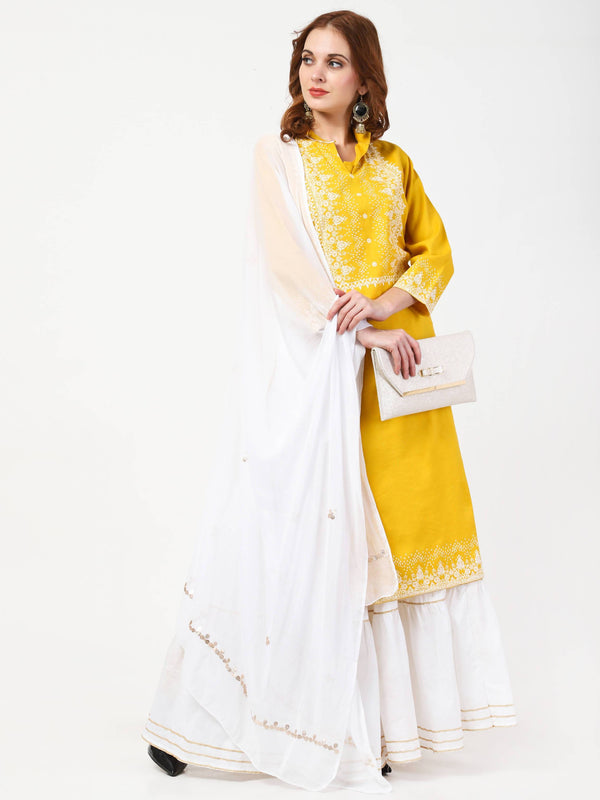 Women's Yellow & White Viscose Rayon Kurta With Skirt & Embroidered Dupatta Set - Cheera