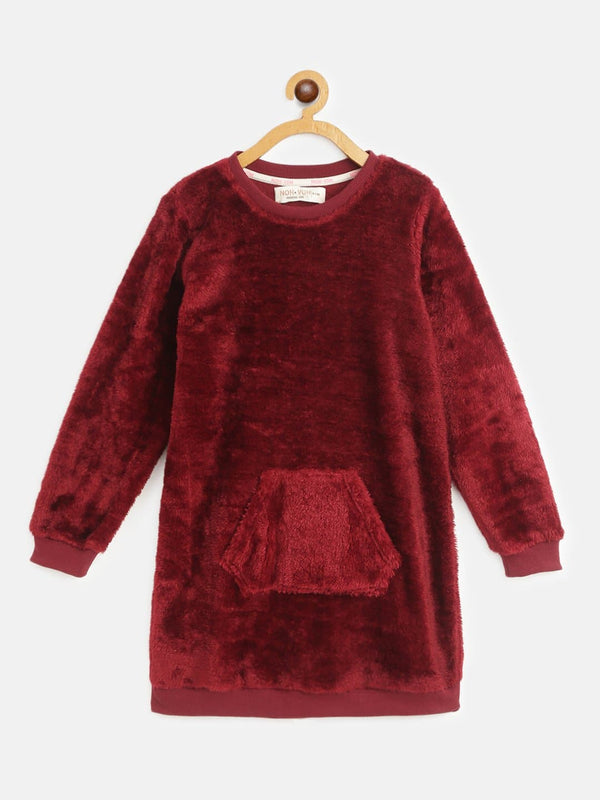 Girls Maroon Fur Kangaroo Pocket Dress - Lyush Kids