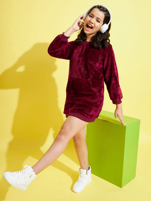 Girls Maroon Fur Kangaroo Pocket Dress - Lyush Kids