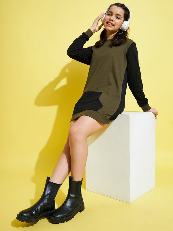 Girls Olive & Black Colorblock Terry Sweat Dress - Lyush Kids