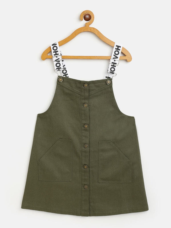 Girls Olive Twill Pinafore Dress - Lyush Kids