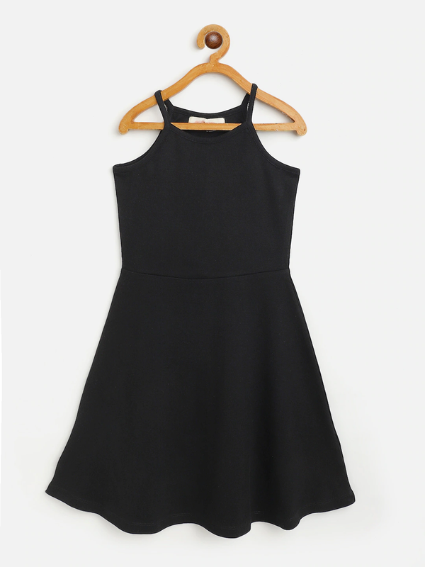 Girls Black Halter Neck Rib Dress - Lyush Kids