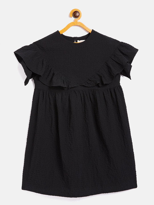 Girls Black Seer Sucker Front Yoke Dress - Lyush Kids