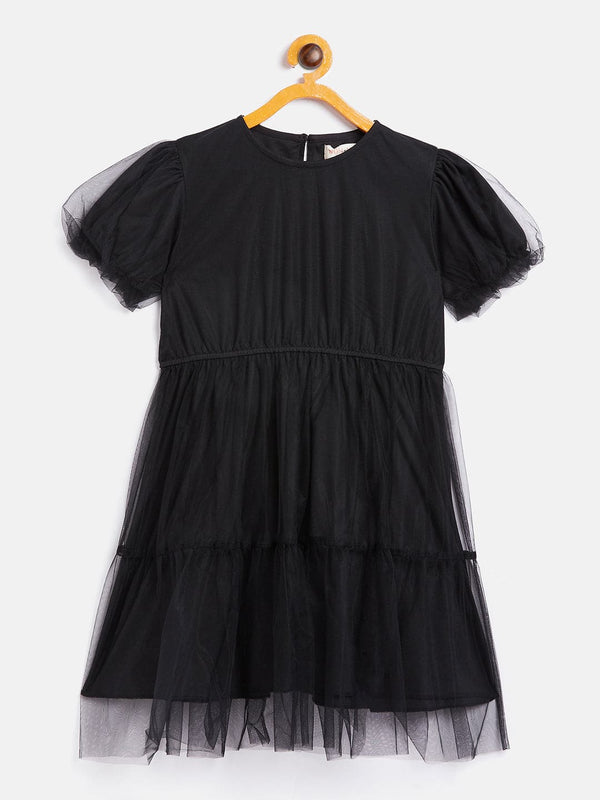 Girls Black Mesh Tiered Dress - Lyush Kids