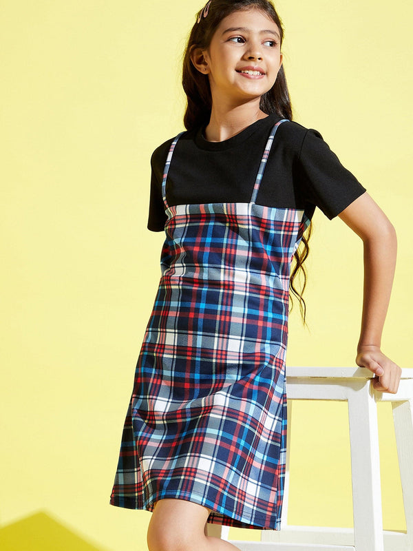 Girls Blue & Red Check Print A-Line Dress - Lyush Kids