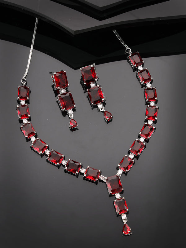 Women's silver plated & Maroon CZ stone handcrafted jewellery set - NVR