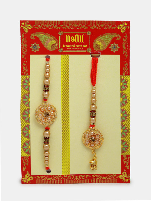 Set Of 2 Gold-Toned Bhaiya Bhabi Rakhi With Roli Chawal & Chocolate - Nvr