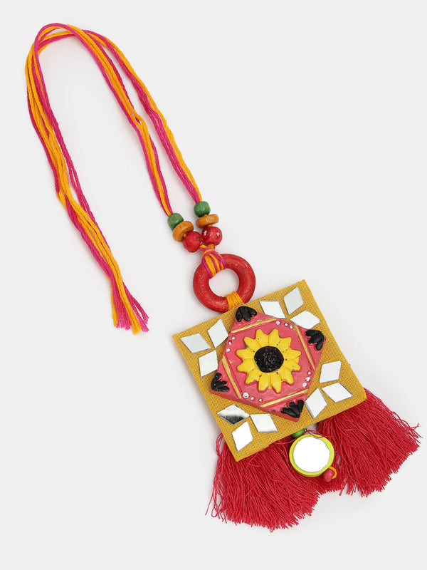 Set Of 2 Red & Yellow Mirror Work Handcrafted Bhaiya Bhabi Rakhi With Roli Chawal & Chocolate - Nvr