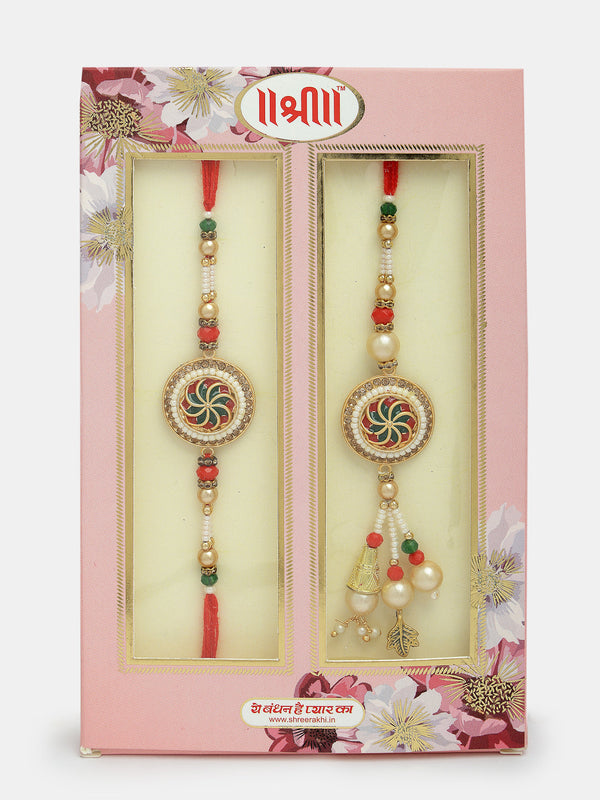 Set Of 2 Gold-Toned Stone-Studded & Beaded Bhaiya Bhabi Rakhi With Roli Chawal & Chocolate - Nvr