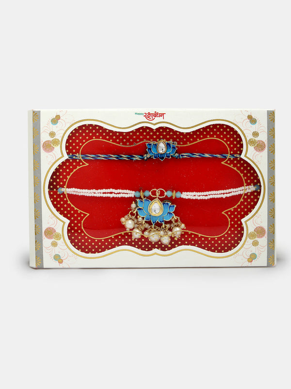 Set Of 2 Blue Lotus Shape Kundan-Studded & Beaded Handcrafted Wraparound Rakhi Set With Roli Chawal - Nvr