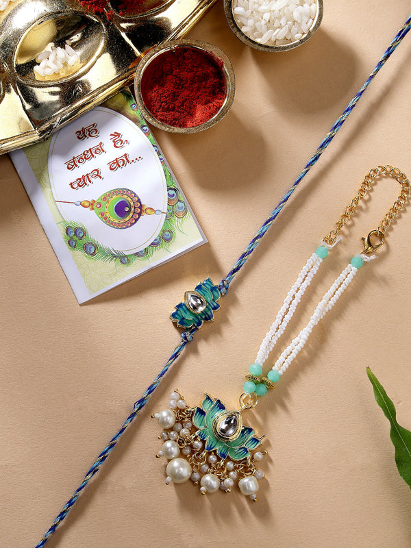 Set Of 2 Turquoise Blue Lotus Shape Kundan-Studded & Beaded Rakhi Set With Roli Chawal & Chocolate - Nvr