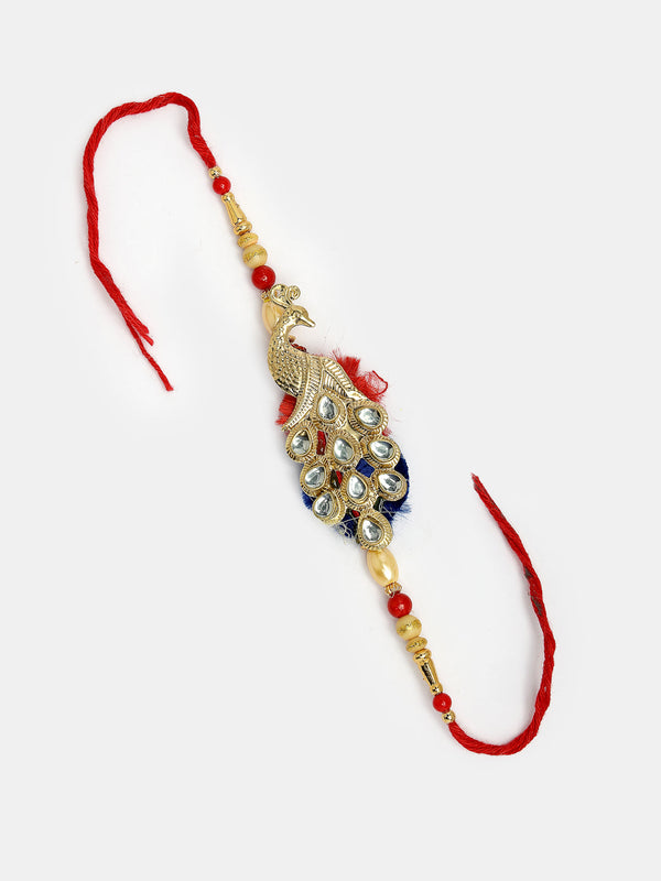 Set Of 2 Gold-Toned Peacock Design Stone-Studded Bhaiya Bhabhi Rakhi With Roli Chawal - Nvr