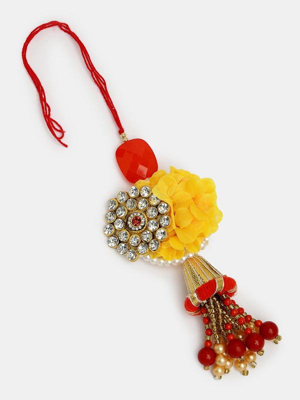 Set Of 2 Red & Gold-Toned Stone-Studded & Beaded Bhaiya Bhabhi Rakhi With Roli Chawal & Chocolate - Nvr