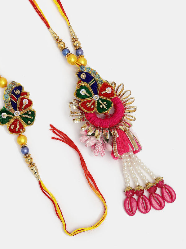 Set Of 2 Multicolor Thread Work & Beaded Bhaiya Bhabhi Rakhi With Roli Chawal & Chocolate - Nvr