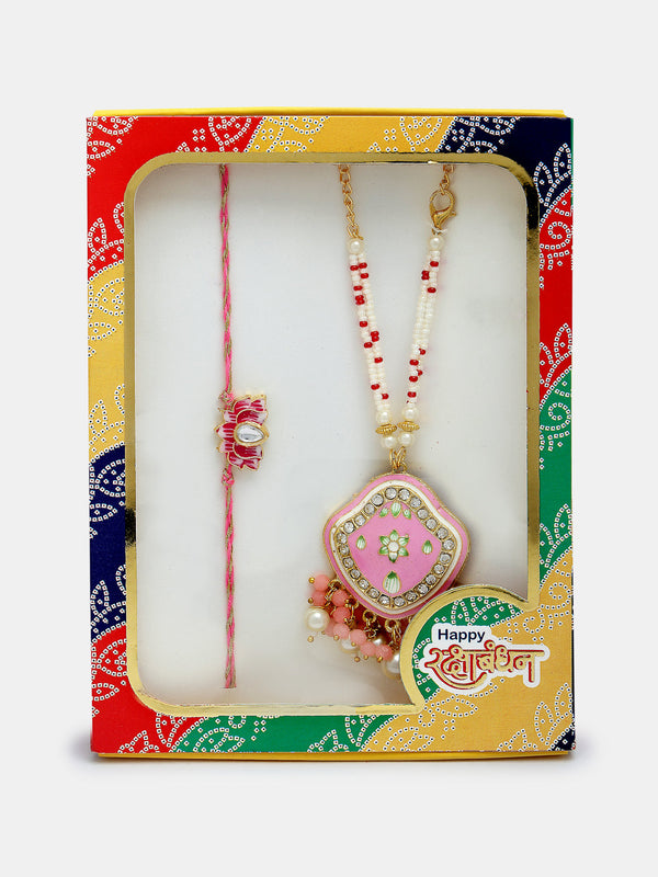 Set Of 2 Pink Lotus Shape Kundan Stone-Studded & Beaded Bhaiya Bhabhi Rakhi With Roli Chawal & Chocolate - Nvr