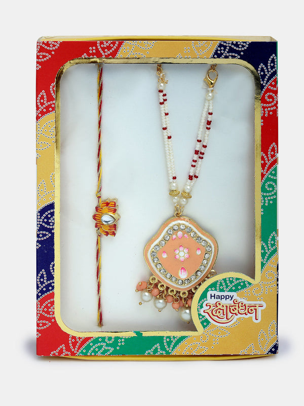 Set Of 2 Peach Lotus Shape Kundan Stone-Studded & Beaded Bhaiya Bhabhi Rakhi With Roli Chawal & Chocolate - Nvr