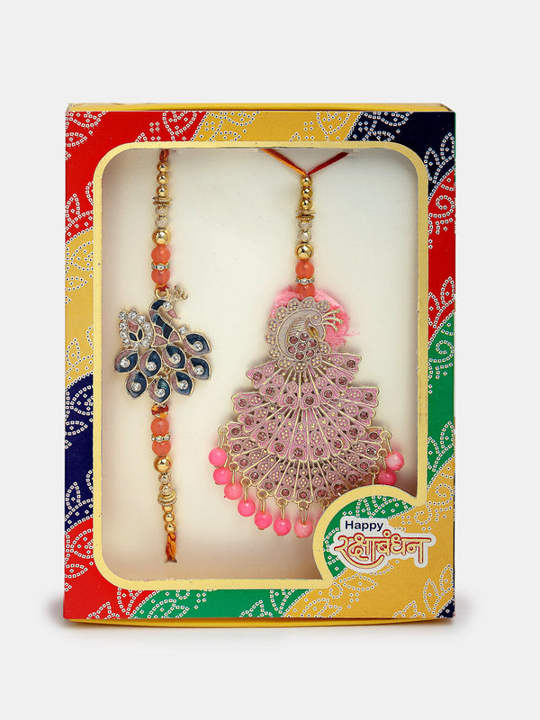 Set Of 2 Multicolor Peacock Design Stone-Studded & Beaded Bhaiya Bhabhi Rakhi With Roli Chawal & Chocolate - Nvr