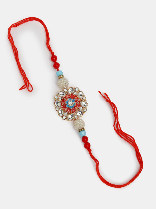 Set Of 2 Red-Colored Stone-Studded & Beaded Bhaiya Bhabhi Rakhi With Roli Chawal & Chocolate - Nvr