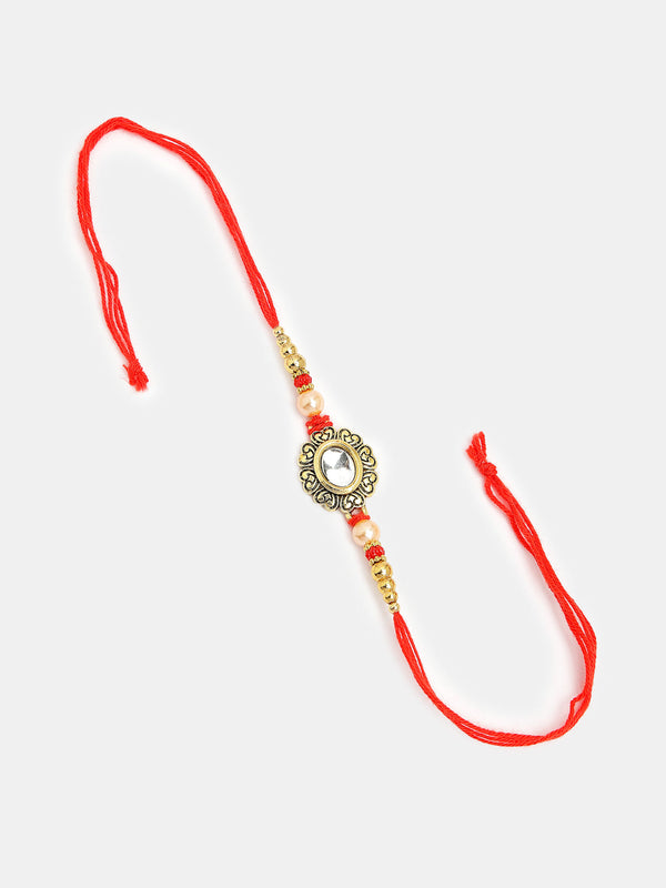 Set Of 2 Gold & Red Kundan-Studded Bhaiya Bhabhi Rakhi With Roli Chawal & Chocolate - Nvr