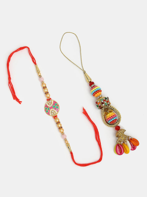 Set Of 2 Multicolor Artificial Beads Bhaiya Bhabhi Rakhi With Roli Chawal & Chocolate - Nvr