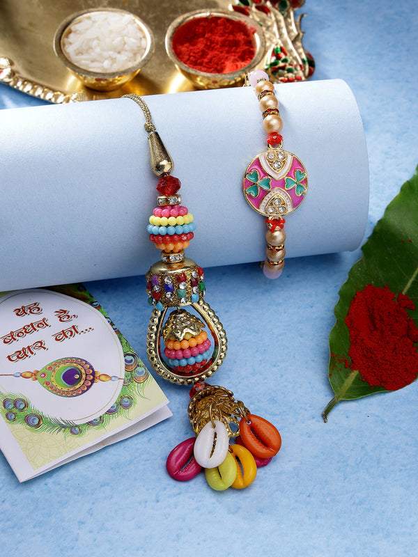 Set Of 2 Multicolor Artificial Beads Bhaiya Bhabhi Rakhi With Roli Chawal - Nvr