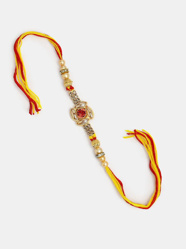 Set Of 2 Red & Gold-Toned Stone-Studded Bhaiya Bhabhi Rakhi With Roli Chawal & Chocolate - Nvr