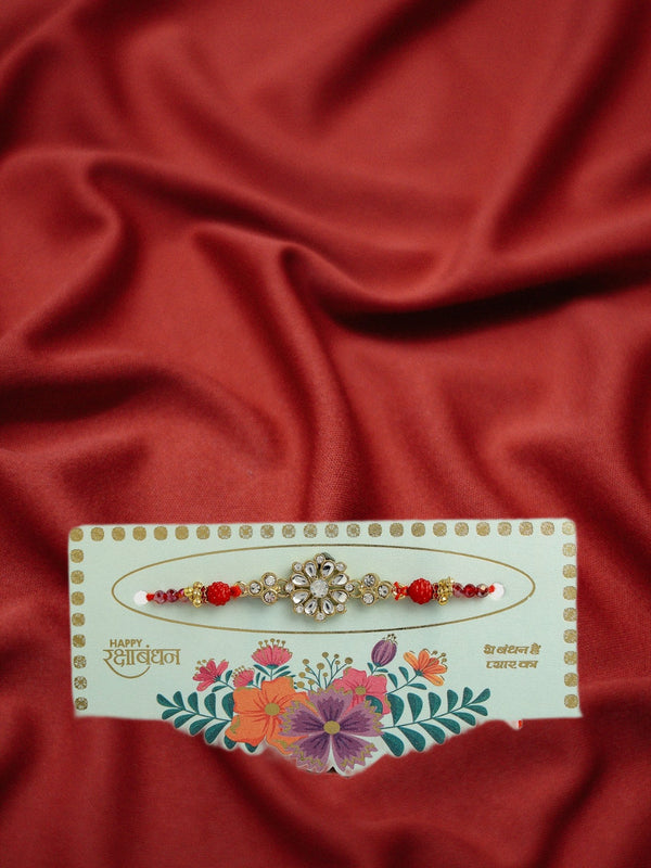 Gold-Toned Stone-Studded Rakhi With Roli Chawal & Chocolate - Nvr