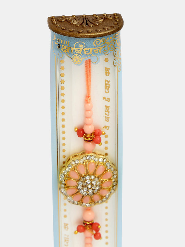 Pink Stone-Studded Rakhi With Roli Chawal - Nvr