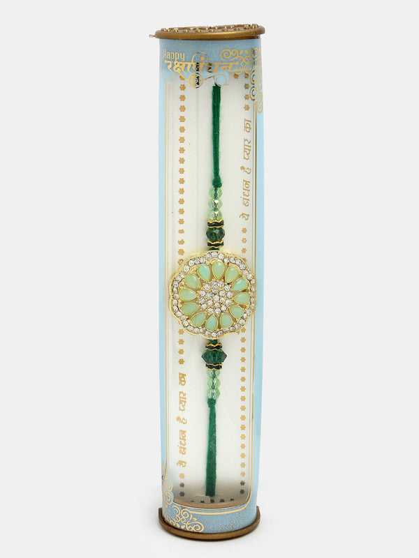 Green Stone-Studded Rakhi With Roli Chawal - Nvr