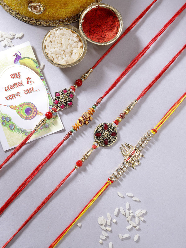 Set Of 4 Multicolor Stone-Studded Rakhi With Roli Chawal & Chocolate - Nvr