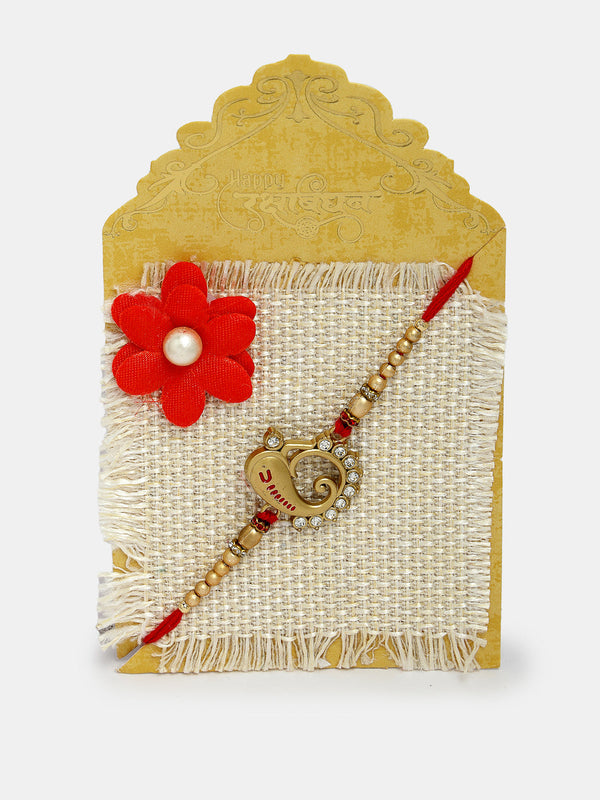 Set Of 2 Gold-Toned Ganesha Stone-Studded Rakhi With Roli Chawal & Chocolate - Nvr