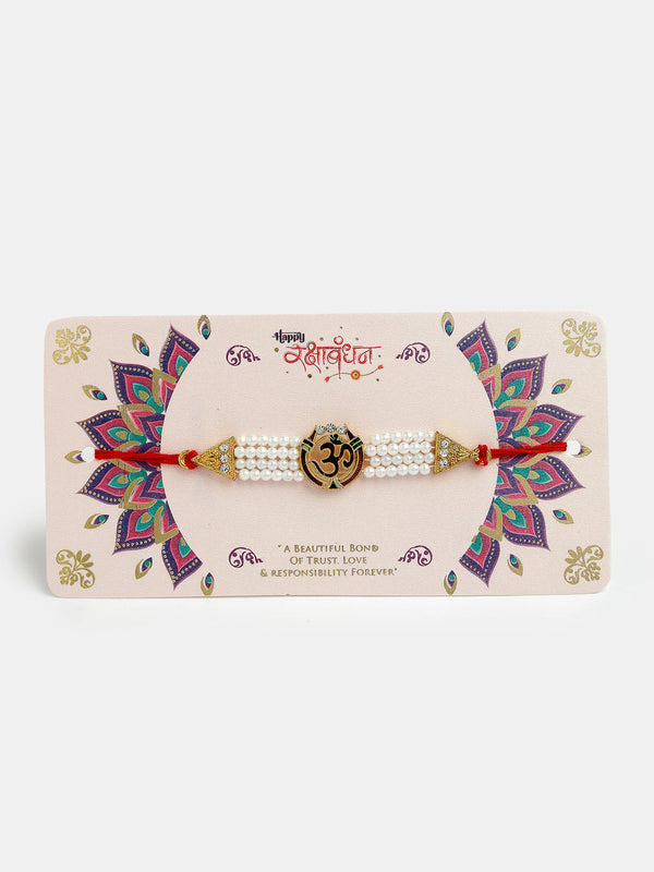 Set Of 4 Gold-Toned Stone-Studded & Beaded Rakhi With Roli Chawal & Chocolate - Nvr