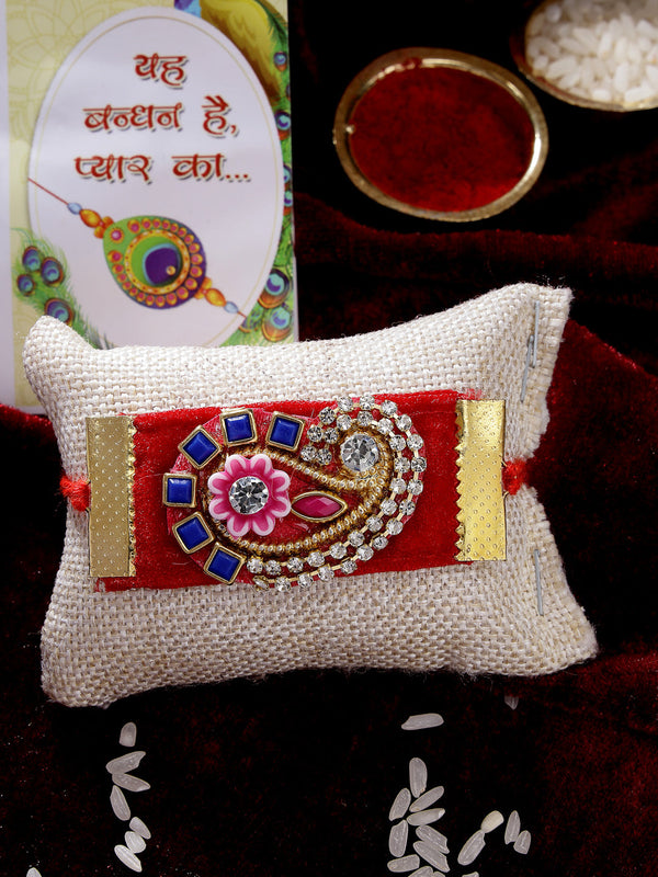 Red Stone-Studded Rakhi With Roli Chawal - Nvr