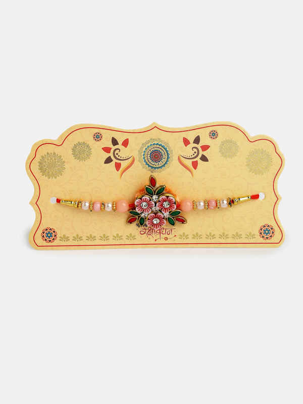 Pink Floral Shape Stone-Studdded & Beaded Rakhi With Roli Chawal & Chocolate - Nvr