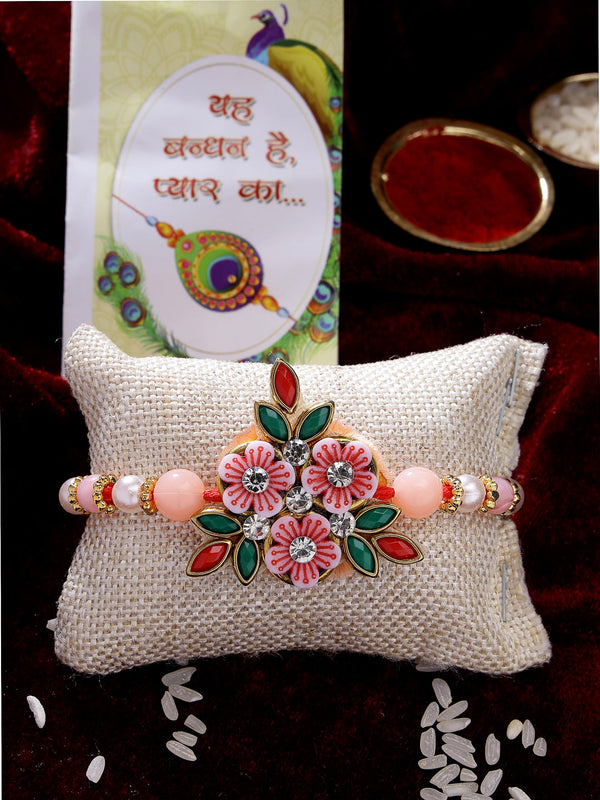 Pink Floral Shape Stone-Studdded & Beaded Rakhi With Roli Chawal - Nvr