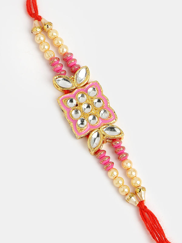 Pink & Gold-Toned Kundan-Studded Rakhi With Roli Chawal & Chocolate - Nvr