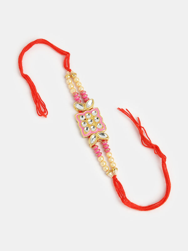 Pink & Gold-Toned Kundan-Studded Rakhi With Roli Chawal - Nvr