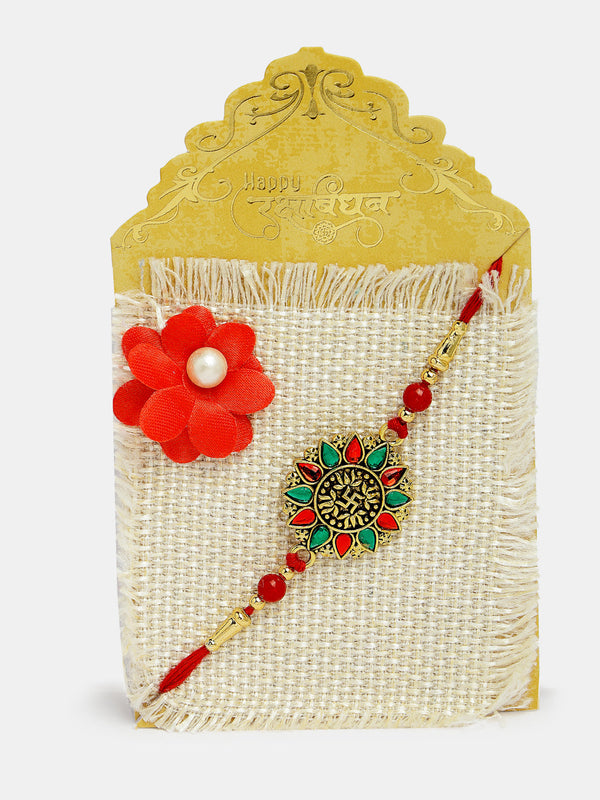 Red & Gold-Toned Stone-Studded Rakhi With Roli Chawal - Nvr