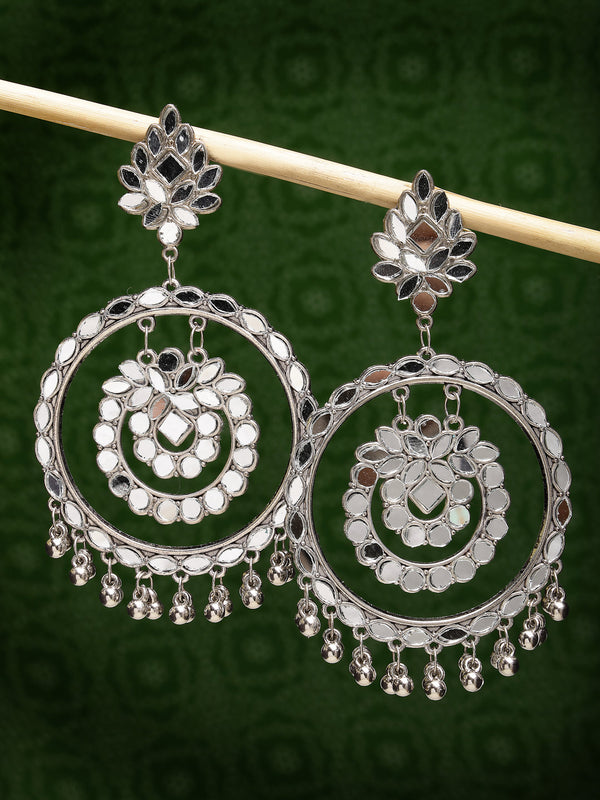 Women's Silver-Toned Mirror Work Oxidised Contemporary Drop Earrings - Nvr