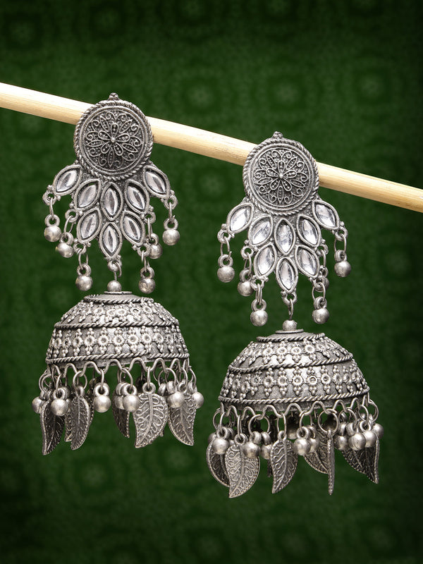 Women's Silver-Plated Oxidised Artificial Stones Dome Shaped Jhumka Earrings - Nvr