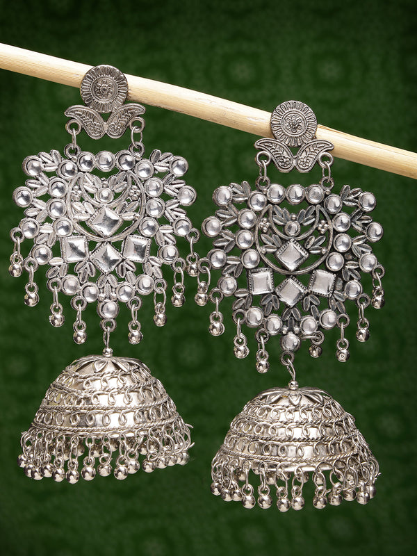 Women's Silver-Plated Oxidised Artificial Stones Dome Shaped Jhumka Earrings - Nvr